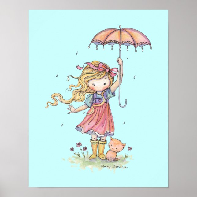 In the Rain Little Girl and Kitten Nursery Art Poster (Front)