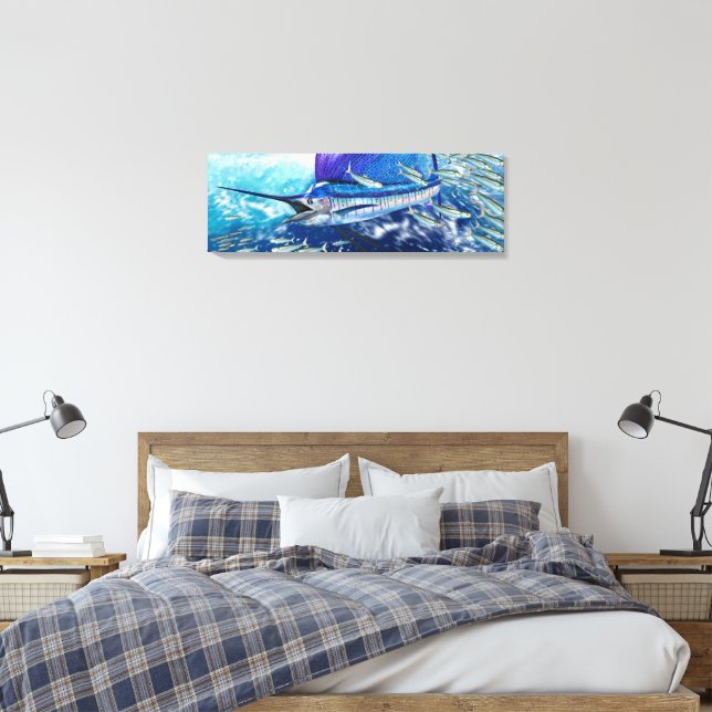 In the Wash, Sailfish chases school. Canvas Print (Insitu(Bedroom))