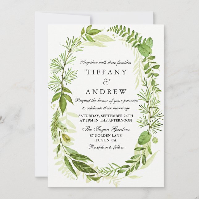 In The Woods Forest Leaf Wreath Wedding Invite (Front)