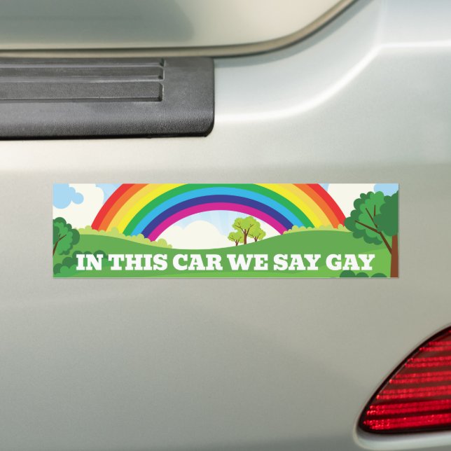 In This Car We Say Gay Pride Month Cute Rainbow Bumper Sticker (On Car)