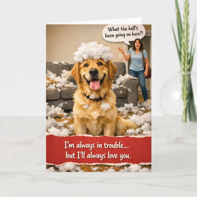 In trouble, golden retriever greeting card (Front)