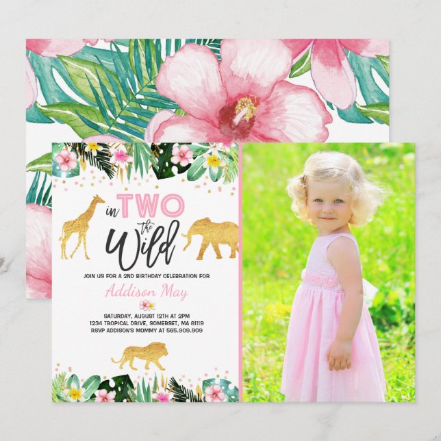 In Two The Wild Birthday Invitation Jungle Animals (Front/Back)