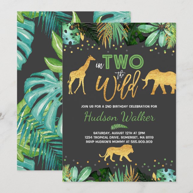 In Two The Wild Birthday Invitation Jungle Animals (Front/Back)