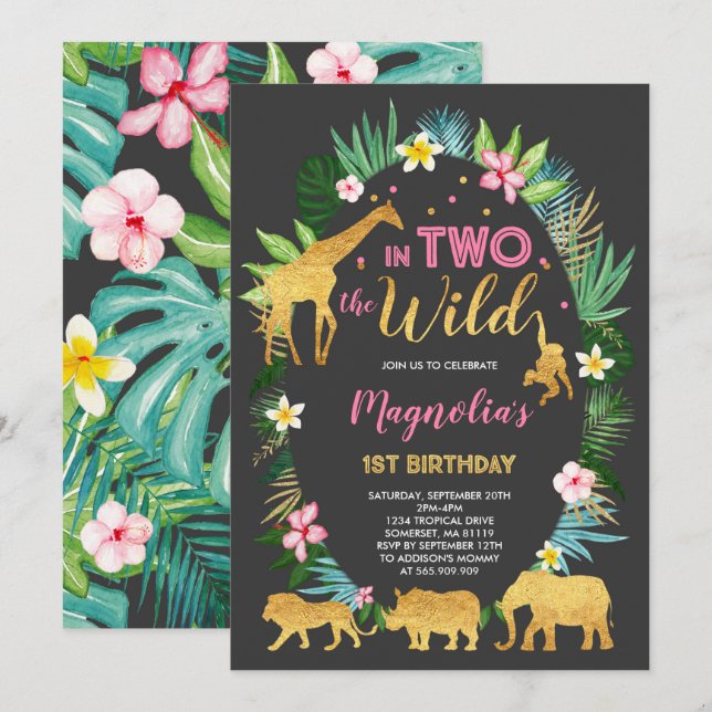 In Two The Wild Birthday Invitation Jungle Animals (Front/Back)