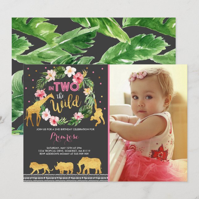 In Two The Wild Birthday Invitation Jungle Animals (Front/Back)
