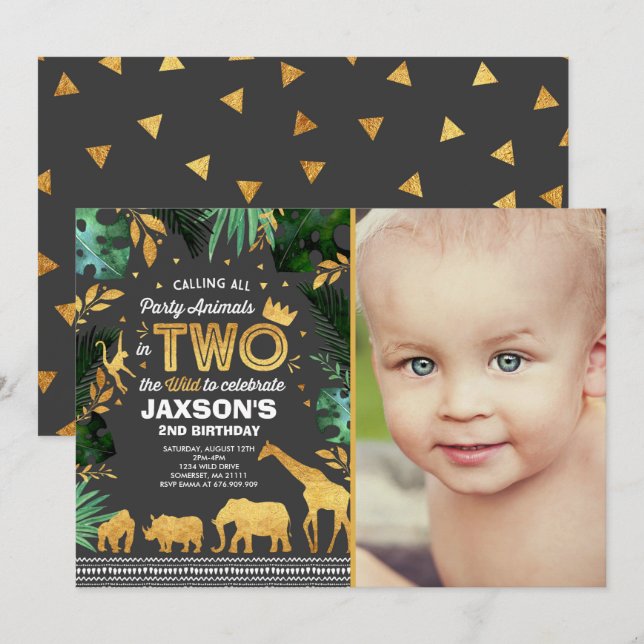 In Two The Wild Birthday Invitation Jungle Animals (Front/Back)