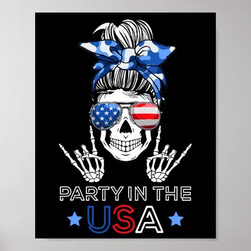 In Usa Messy Bun Skeleton Rock N Roll 4th Of July  Poster