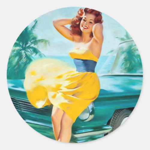 In Yellow Dress Pin Up Classic Round Sticker