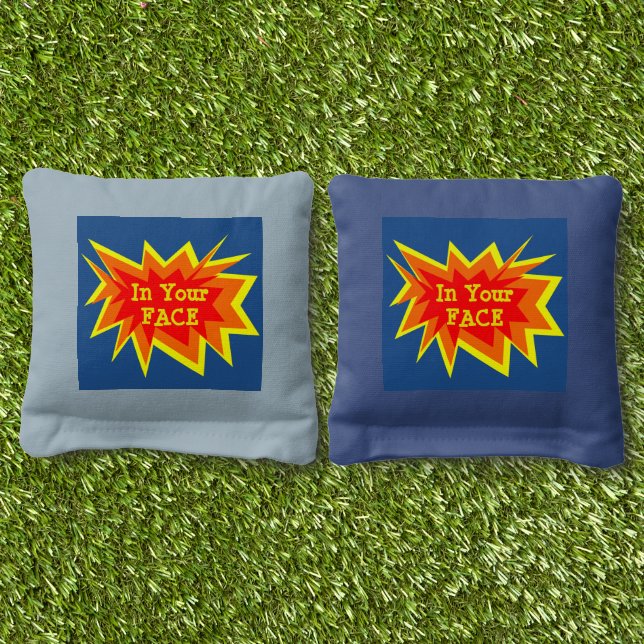 In Your Face Funny Blue and Red Smack Talk  Cornhole Bags (Grass)