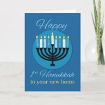In Your New Home First Hanukkah Menorah on Blue Card<br><div class="desc">A First Hanukkah in your new home is a special celebration. This card will honor that gift. Blue backgrounds enhances the message. Lighting the center is a menorah of various colors of blue and white.</div>