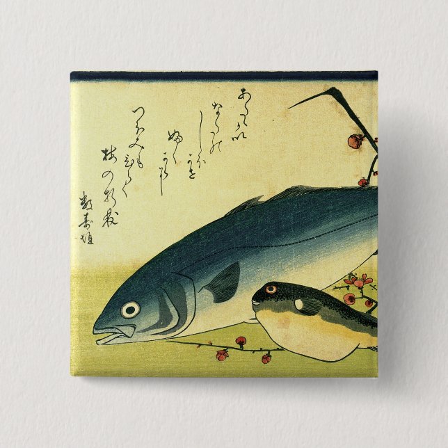 Inada & Fugu - Hiroshige's Japanese Fish Print But Button (Front)