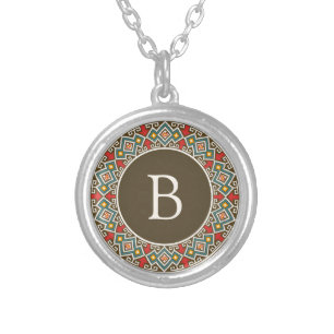 Inca Pattern Round Frame Initial Silver Plated Necklace