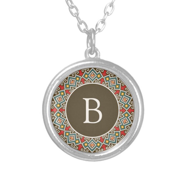 Inca Pattern Round Frame Initial Silver Plated Necklace (Front)