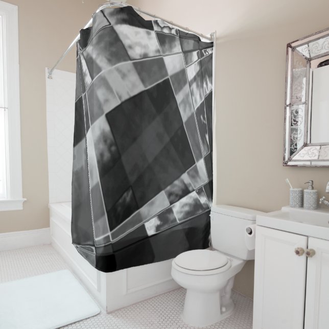 Inclined or stretched rectangles, black showy gray shower curtain (In Situ)