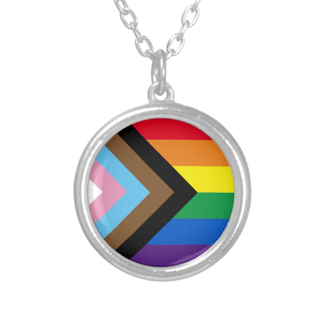 Inclusive rainbow Lgbtq gay diversity flag Silver Plated Necklace (Front)