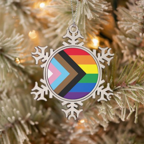 Inclusive rainbow Lgbtq gay diversity flag Snowflake Pewter Christmas Ornament