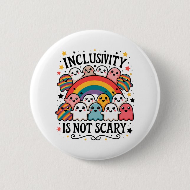 Inclusivity Is Not Scary – Cute Ghost Welcome Here Button (Front)