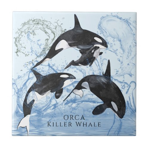 Incredible Black and White Watercolor Orcas Ceramic Tile