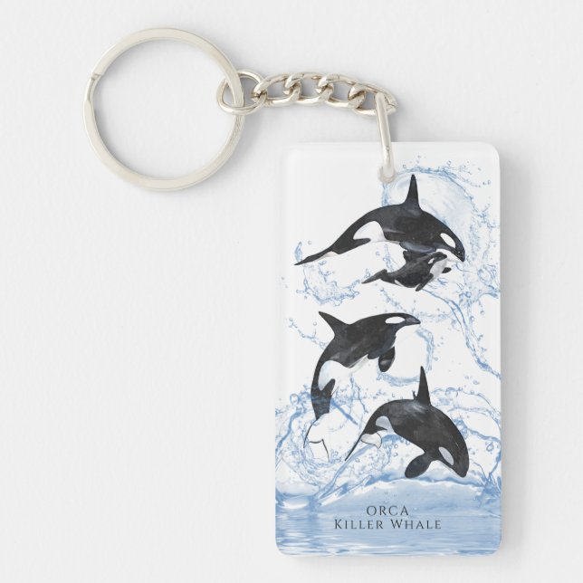 Incredible Black and White Watercolor Orcas Keychain (Front)