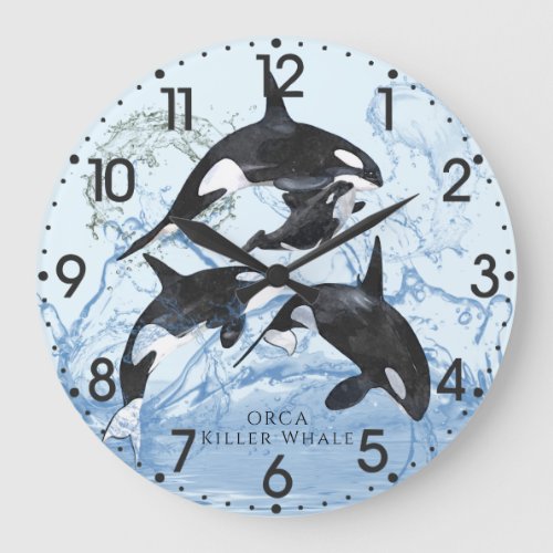 Incredible Black and White Watercolor Orcas Large Clock