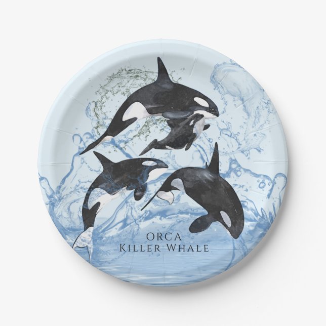 Incredible Black and White Watercolor Orcas Paper Plates (Front)