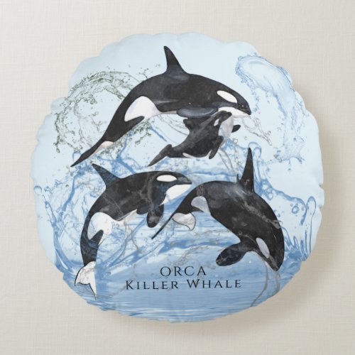 Incredible Black and White Watercolor Orcas Round Pillow