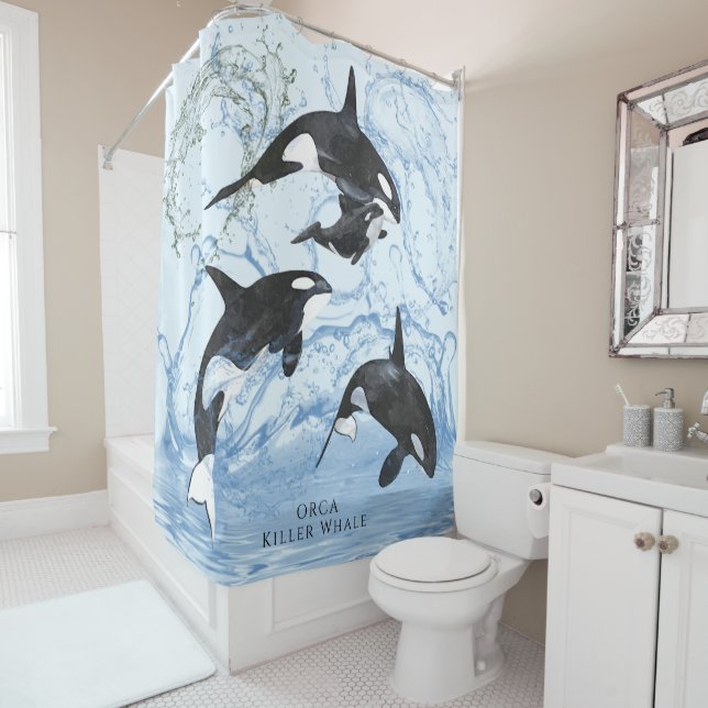 Incredible Black and White Watercolor Orcas Shower Curtain (In Situ)