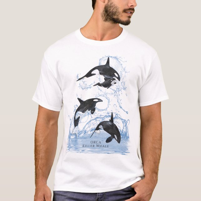 Incredible Black and White Watercolor Orcas T-Shirt (Front)