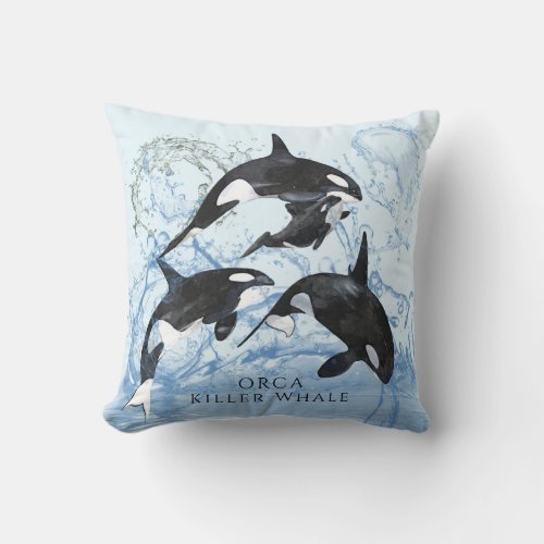 Incredible Black and White Watercolor Orcas Throw Pillow