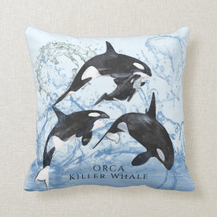 Incredible Black and White Watercolor Orcas Throw Pillow