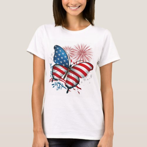 Independence 4th of July RedWhiteBlue Butterfly  T_Shirt