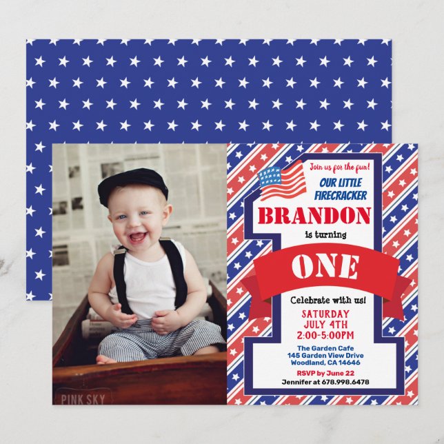Independence Day 1st First Birthday Boy Girl Photo Invitation (Front/Back)