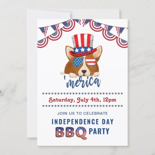 Independence Day American Flag Corgi BBQ Party Invitation