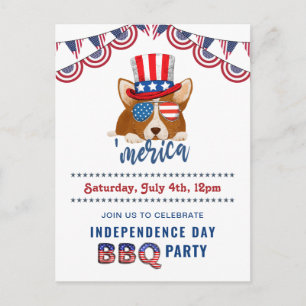 Independence Day American Flag Corgi BBQ Party Invitation Postcard