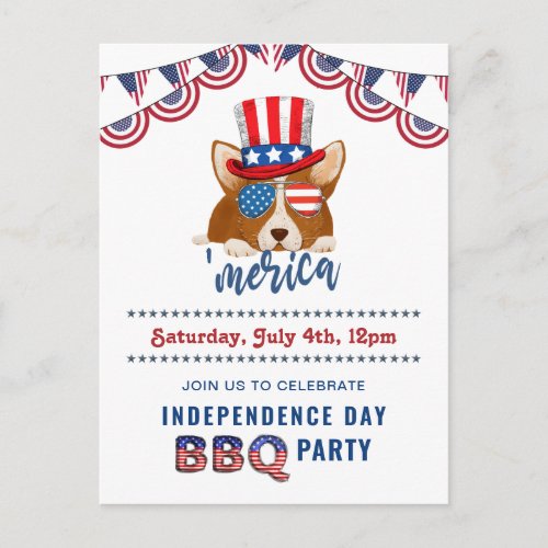 Independence Day American Flag Corgi BBQ Party Invitation Postcard
