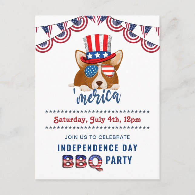 Independence Day American Flag Corgi BBQ Party Invitation Postcard (Front)