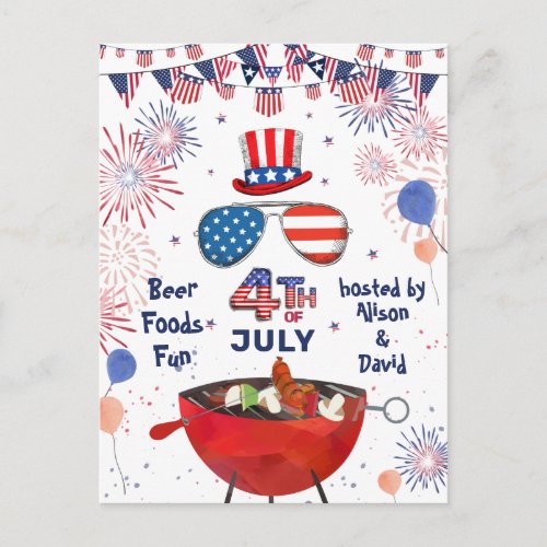 Independence Day American Flag Fireworks BBQ Party Invitation Postcard