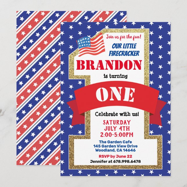 Independence Day Boy 1st First Birthday Party Invitation (Front/Back)