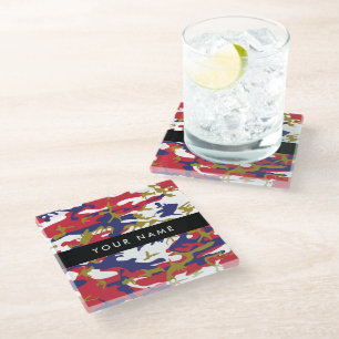 Independence day Camouflage Your name Personalize Glass Coaster