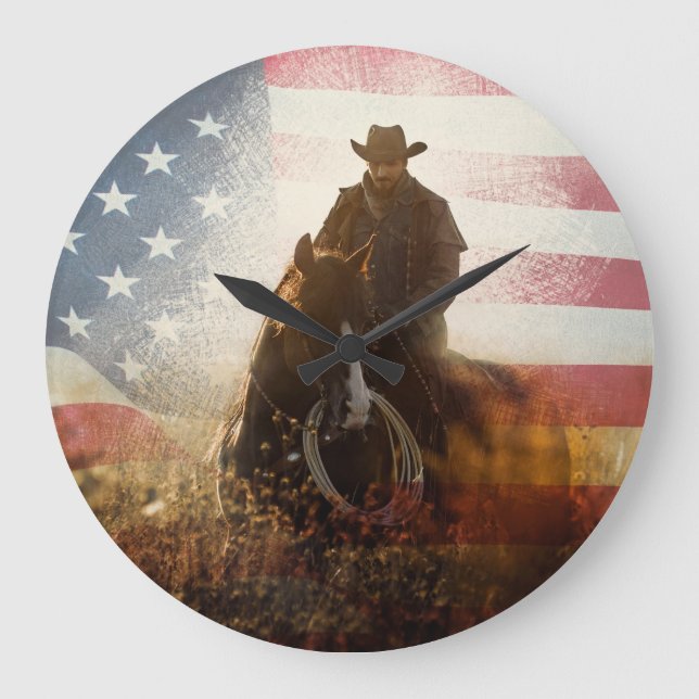 Independence Day cowboy image. Large Clock (Front)