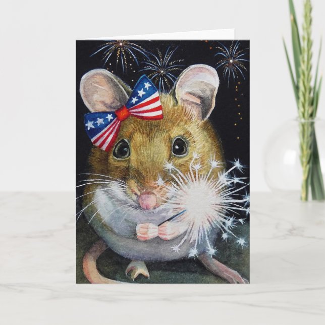 Independence Day Field Mouse No. 1 Watercolor Art Card (Front)