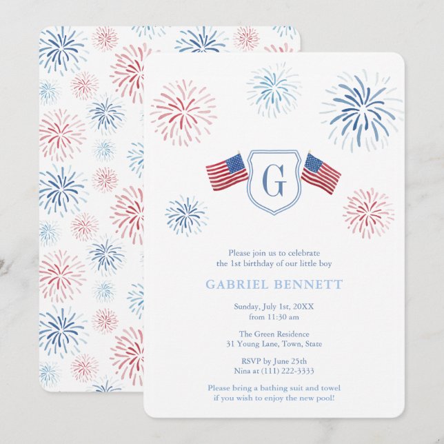 Independence Day Fireworks 1st Birthday Party Invitation (Front/Back)