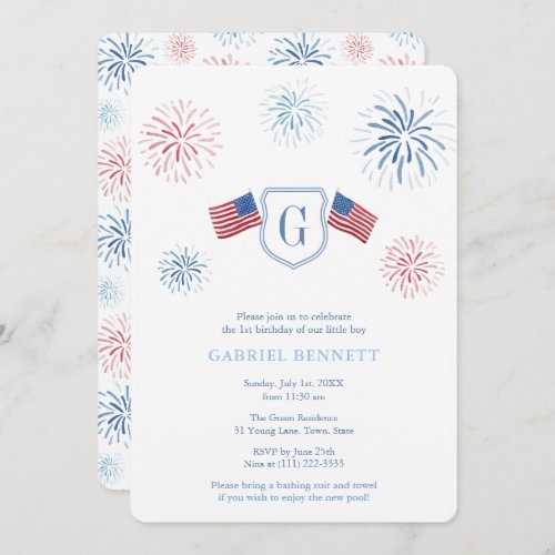 Independence Day Fireworks 1st Birthday Party Invitation