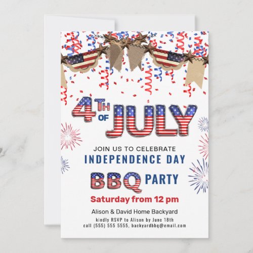 Independence Day Fireworks Confetti BBQ Invitation