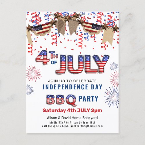 Independence Day Fireworks Confetti BBQ Invitation Postcard