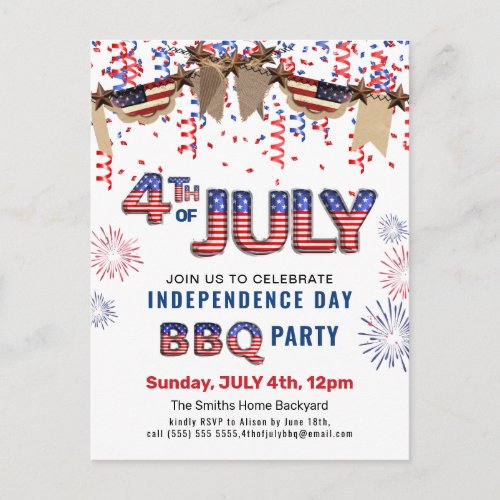 Independence Day Fireworks Red White Blue BBQ  Invitation Postcard