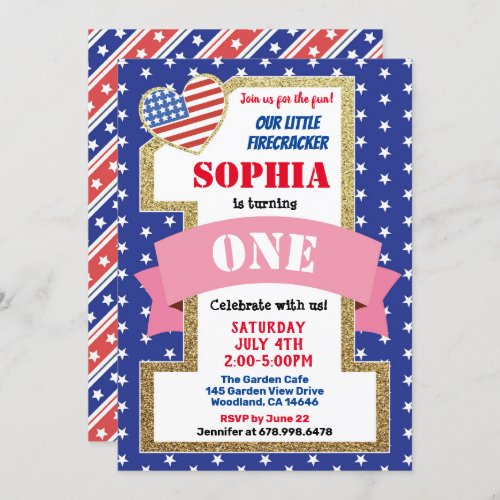 Independence Day Girl 1st First Birthday Party Invitation