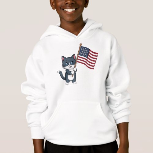 Independence Day Grey Cat  American Flag  Hoodie