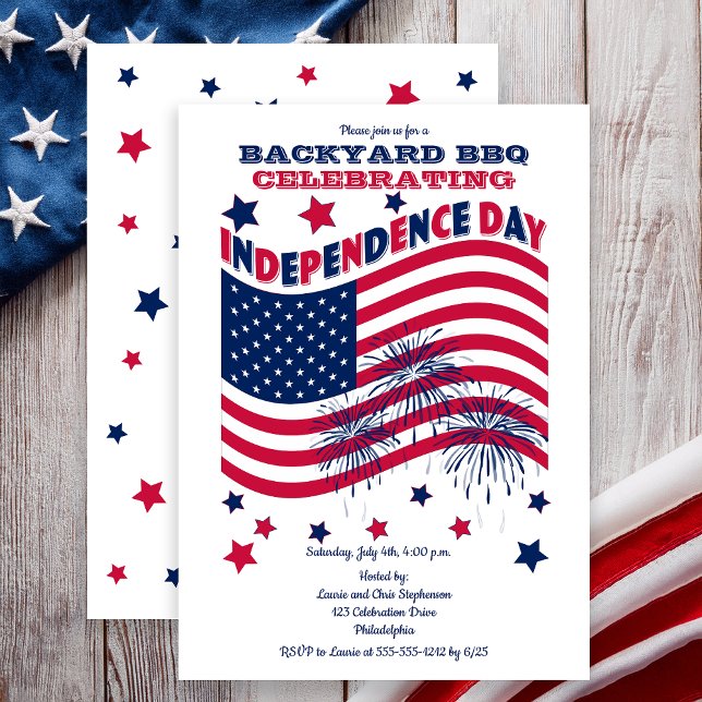 Independence Day July 4th Party - Waving Flag Invitation (Backyard BBQ Celebrating Independence Day Waving Flag and Fireworks Party Invitation - Print | Digi)
