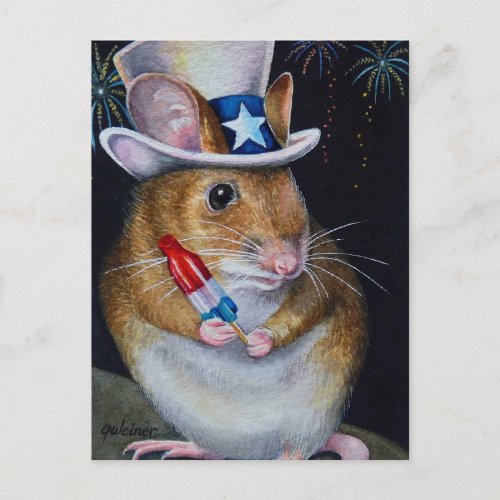 Independence Day Mouse No 2 Watercolor Art Postcard